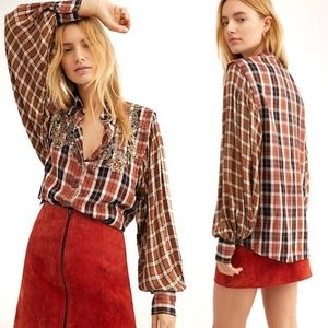 FREE PEOPLE Embellished Plaid Poet Sleeve Top NWOT